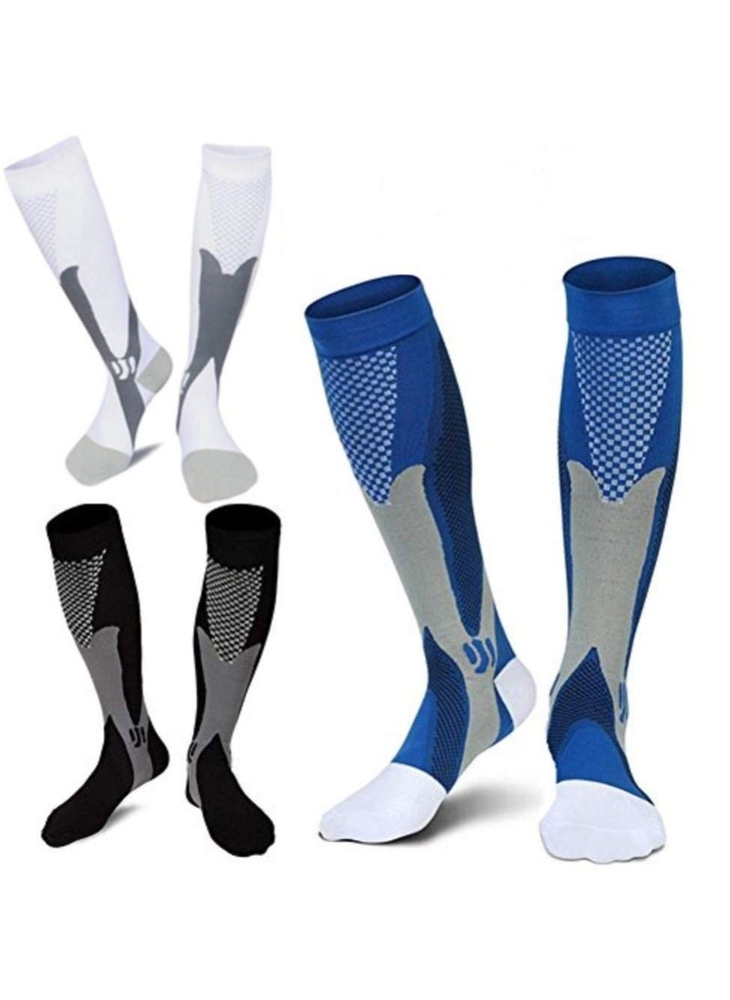 KASTWAVE 3 Pairs of Sports Compression Socks, 20-30 mmhg Men's and Women's Running and Cycling Socks, Calf-length Sports Compression Gear Sleeve (Black+White+Blue, XL)  - Image 1