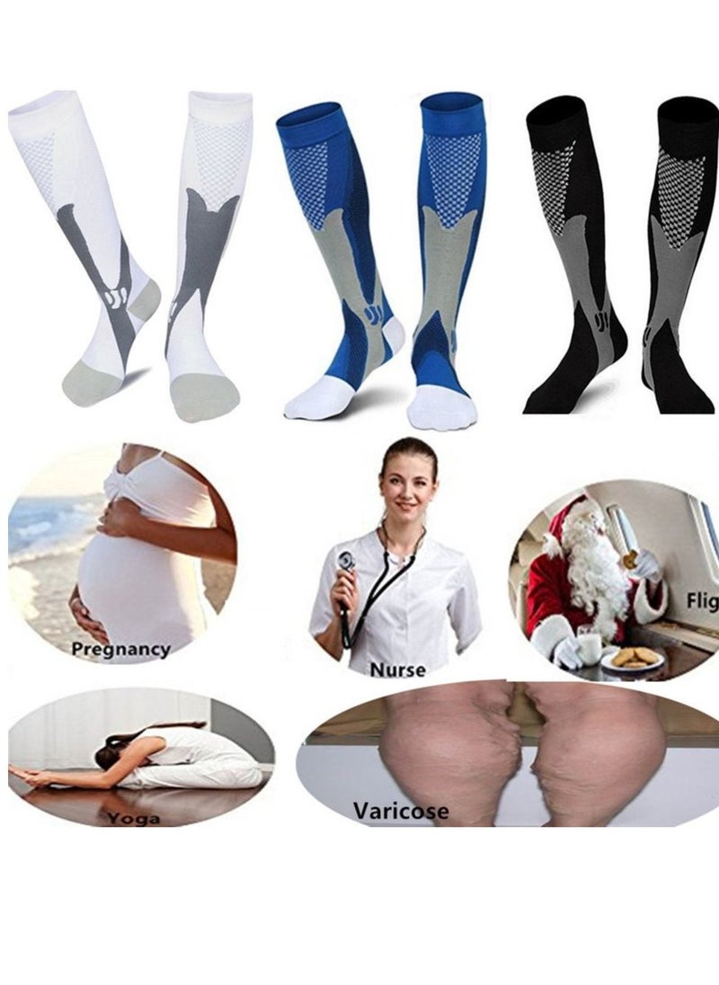 KASTWAVE 3 Pairs of Sports Compression Socks, 20-30 mmhg Men's and Women's Running and Cycling Socks, Calf-length Sports Compression Gear Sleeve (Black+White+Blue, XL)  - Image 4