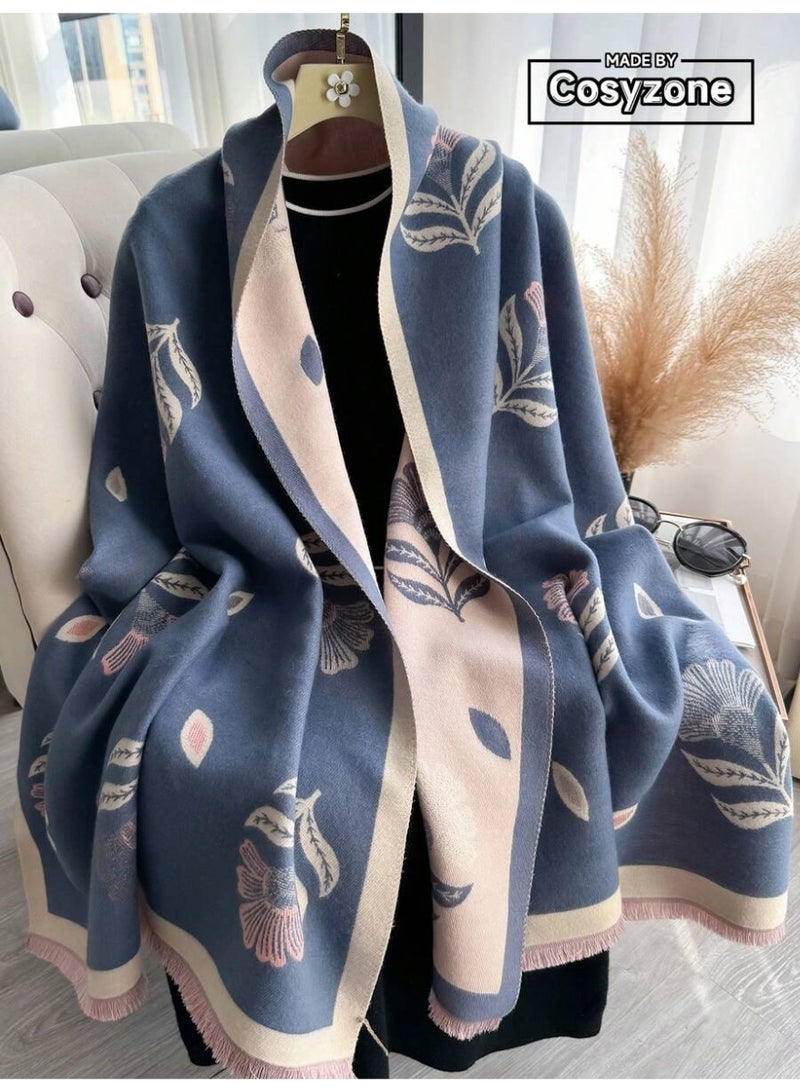 وشاح نسائي شتوي قابل للوجهين – شال بنقشة أوراق أنيقة – ناعم ودافئ للاستخدام اليومي والعمل والسفر - Image 1