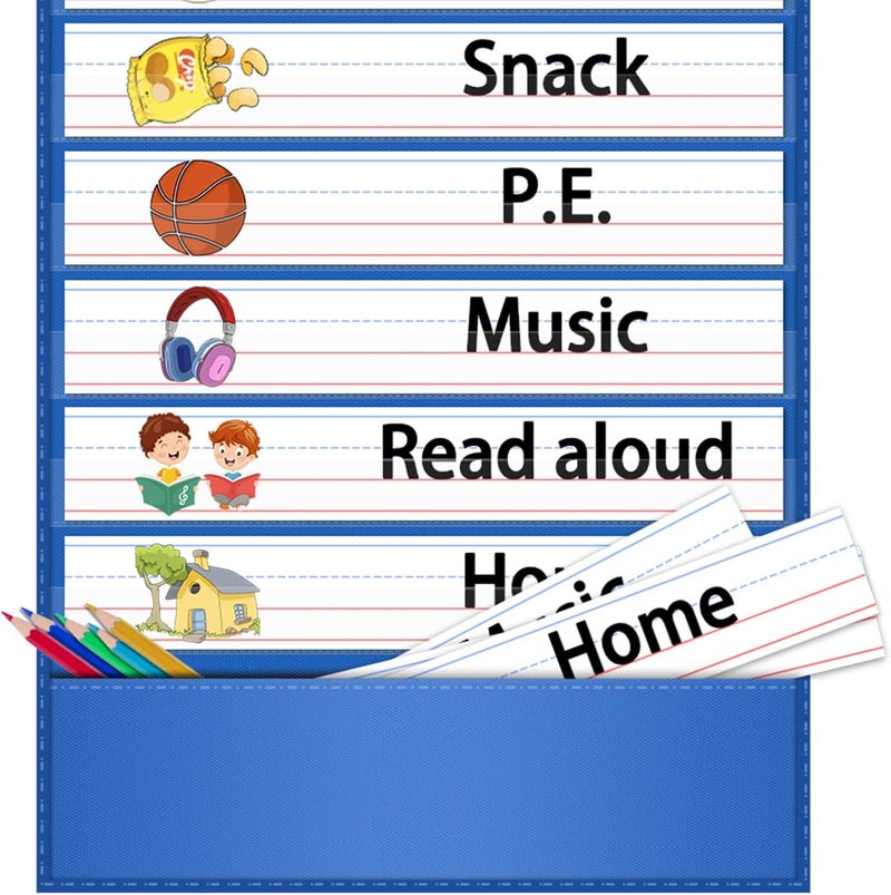 AKAYOK -13+1 Pocket Daily Schedule Pocket Chart, Ultra-Durable Visual Schedule for Kids -Pocket Chart for Classroom Office Home -Reusable Daily Schedule for Kids -Reversible Chart for Sentence Strips - Image 5