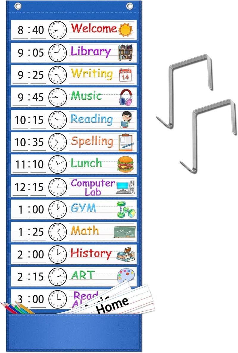 AKAYOK -13+1 Pocket Daily Schedule Pocket Chart, Ultra-Durable Visual Schedule for Kids -Pocket Chart for Classroom Office Home -Reusable Daily Schedule for Kids -Reversible Chart for Sentence Strips - Image 1