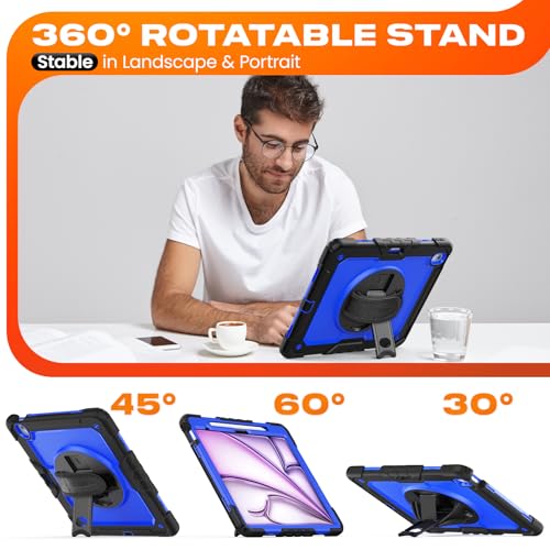 SEYMAC stock for iPad Air 13 inch Protective Case M3 2025/ M2 2024, Heavy Duty Case with Screen Protector, Pencil Holder, Rotating Stand, Hand Strap, Shoulder Strap, Blue - Image 4