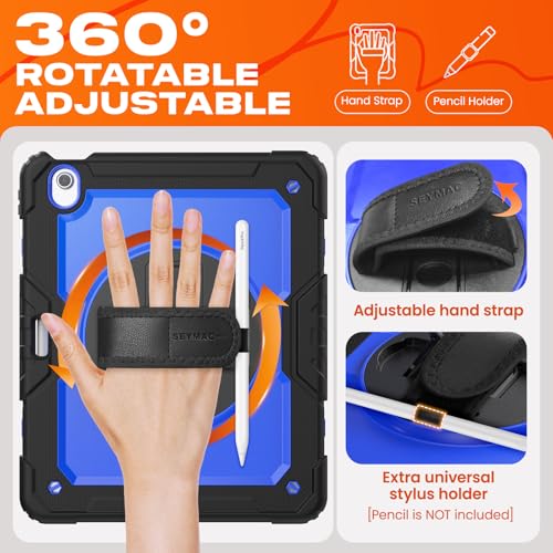 SEYMAC stock for iPad Air 13 inch Protective Case M3 2025/ M2 2024, Heavy Duty Case with Screen Protector, Pencil Holder, Rotating Stand, Hand Strap, Shoulder Strap, Blue - Image 3