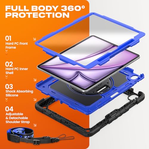SEYMAC stock for iPad Air 13 inch Protective Case M3 2025/ M2 2024, Heavy Duty Case with Screen Protector, Pencil Holder, Rotating Stand, Hand Strap, Shoulder Strap, Blue - Image 5