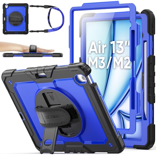 SEYMAC stock for iPad Air 13 inch Protective Case M3 2025/ M2 2024, Heavy Duty Case with Screen Protector, Pencil Holder, Rotating Stand, Hand Strap, Shoulder Strap, Blue - Image 1