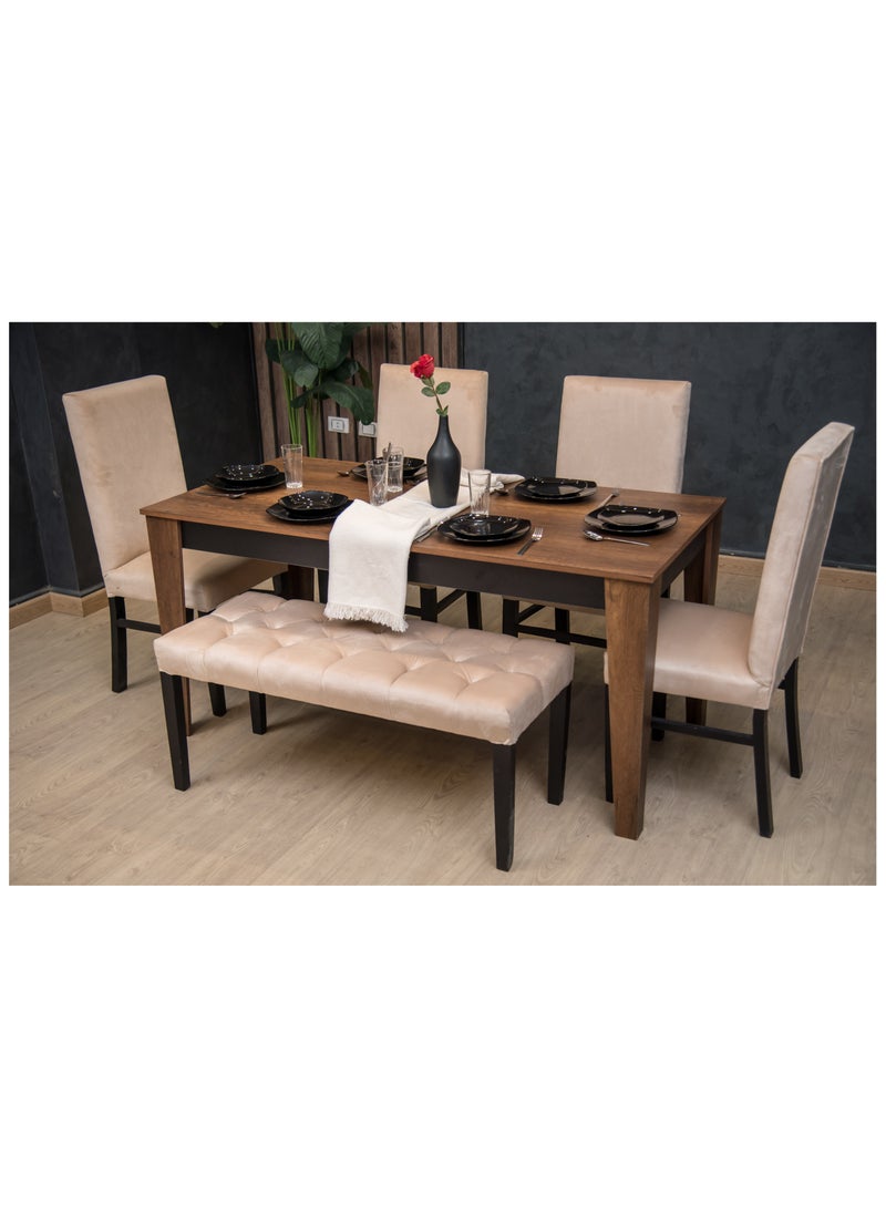 سفرة طعام 6 مقاعد – طاولة MDF مع 4 كراسي وبانكت بتنجيد قطيفة فاخر