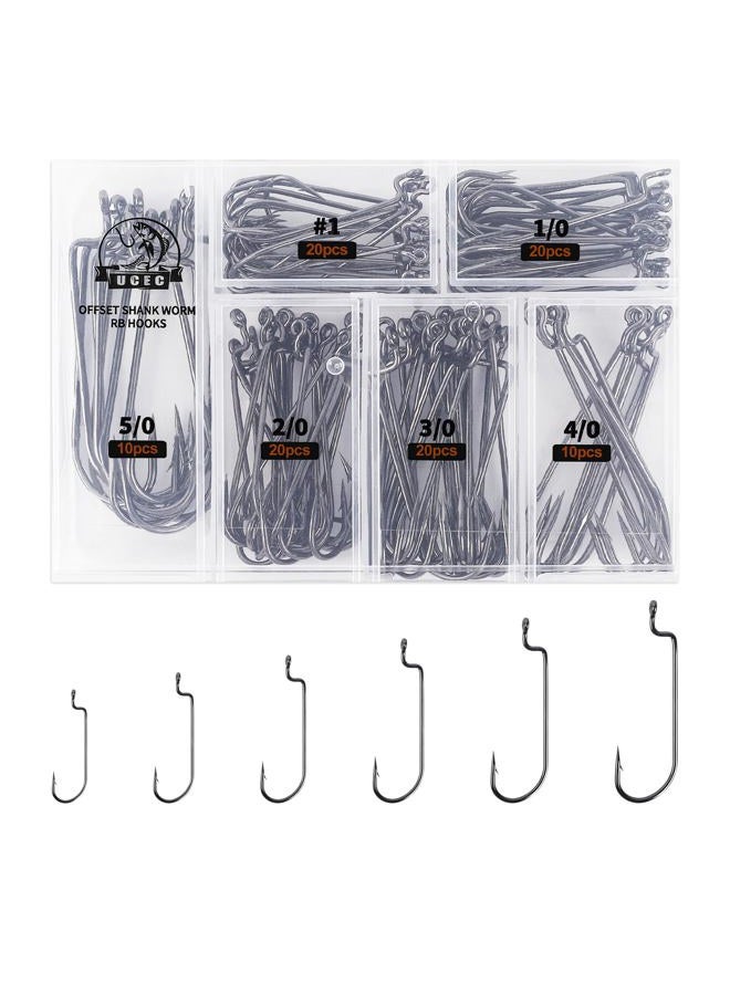 UCEC 100pcs/Box Offset Straight Shank Round Bend Worm Hook, 3X Strong Customized Bass Offset Hooks Black High Carbon Steel Fishing Hooks for Fishing Gear - 6 Sizes: #1 1/0 2/0 3/0 4/0 5/0 - Image 1