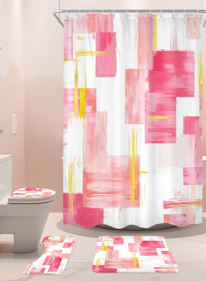 Cinbloo 4Pcs Pink Gold Shower Curtain Set, Modern Abstract Girls Girly Ombre Blush Oil Painting Bathroom Curtain with Rug, Toilet Lid Cover, Bath Mat, Geometry Minimalist Shower Curtain with 12 Hooks - Image 1