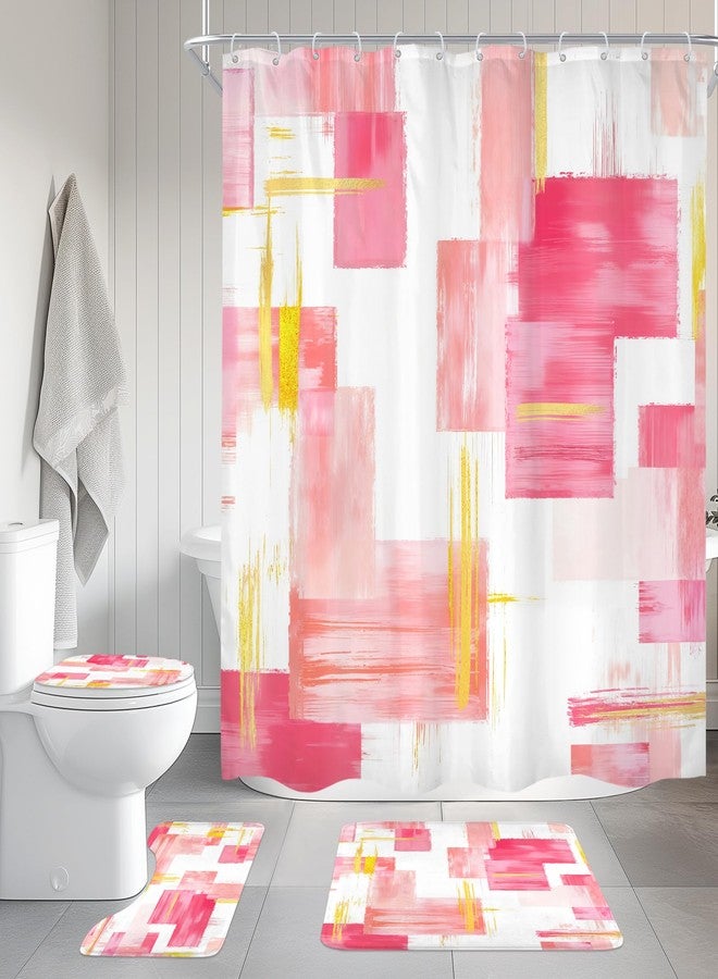Cinbloo 4Pcs Pink Gold Shower Curtain Set, Modern Abstract Girls Girly Ombre Blush Oil Painting Bathroom Curtain with Rug, Toilet Lid Cover, Bath Mat, Geometry Minimalist Shower Curtain with 12 Hooks - Image 3