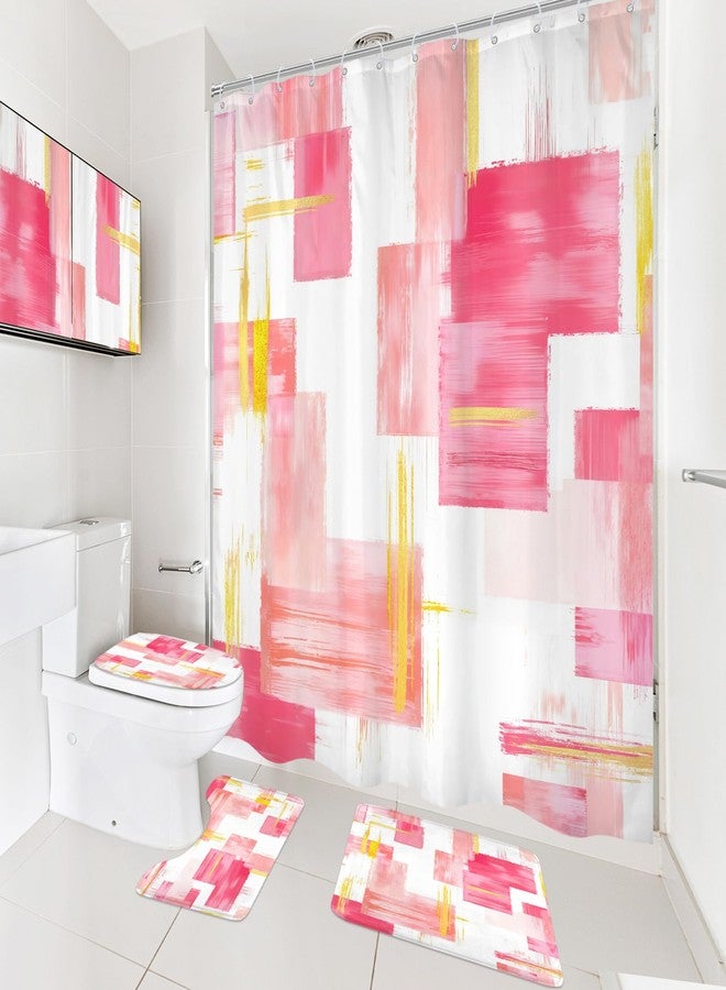 Cinbloo 4Pcs Pink Gold Shower Curtain Set, Modern Abstract Girls Girly Ombre Blush Oil Painting Bathroom Curtain with Rug, Toilet Lid Cover, Bath Mat, Geometry Minimalist Shower Curtain with 12 Hooks - Image 4
