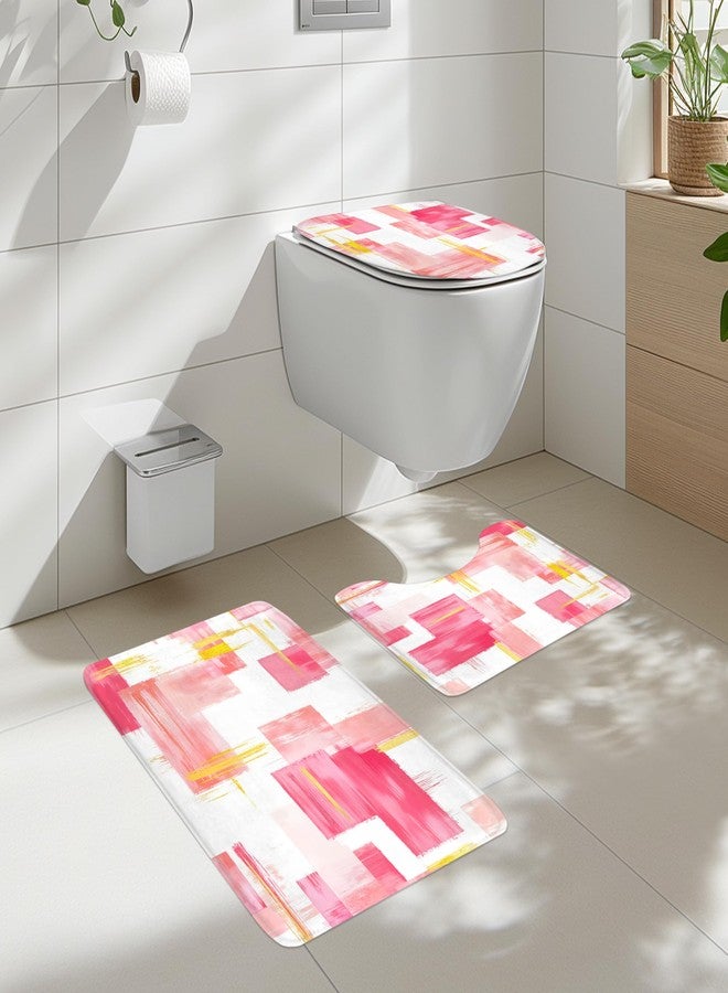 Cinbloo 4Pcs Pink Gold Shower Curtain Set, Modern Abstract Girls Girly Ombre Blush Oil Painting Bathroom Curtain with Rug, Toilet Lid Cover, Bath Mat, Geometry Minimalist Shower Curtain with 12 Hooks - Image 2