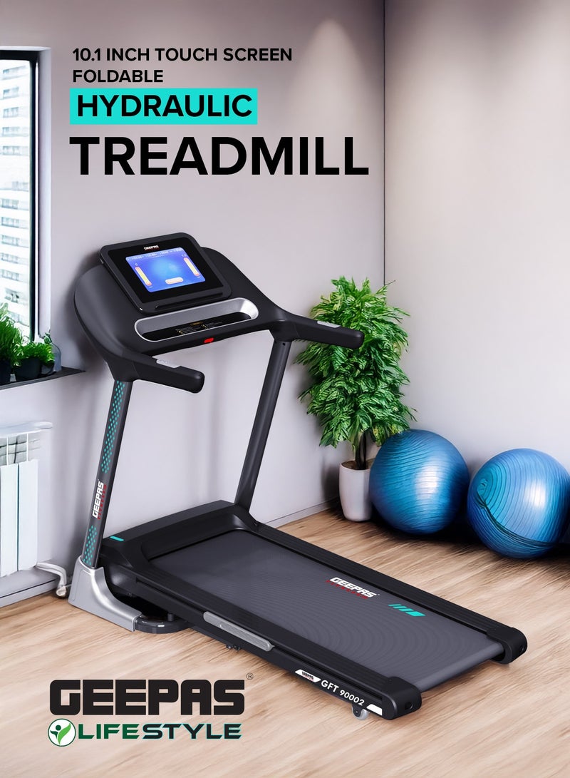 جيباس جهاز جري هيدروليكي قابل للطي بشاشة تعمل باللمس مقاس 10.1 بوصة | 12 وضعًا، 15 مستوى ميل تلقائي، وظيفة مزامنة التطبيق، يتصل بسهولة بتطبيق Zwift، وخريطة Kino، وتطبيق Spax | مكبر صوت بلوتوث، مفتاح أمان الطوارئ | مثالي للتدريبات المنزلية، والتدريب في صالة الألعاب الرياضية، وفقدان الوزن | GFT90002 أسود - Image 1