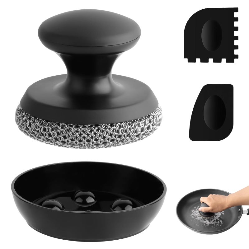 SEFONE Cast Iron Scrubber Cleaner, Chainmail Scrubber for Cast Iron Pan Skillet, Dish Scouring Pad, 316 Stainless Steel Brush/Scraper for Metal Skillet Scrubbing, Wok, Dutch Oven Cleaning Kit - Thin Mesh - Image 1