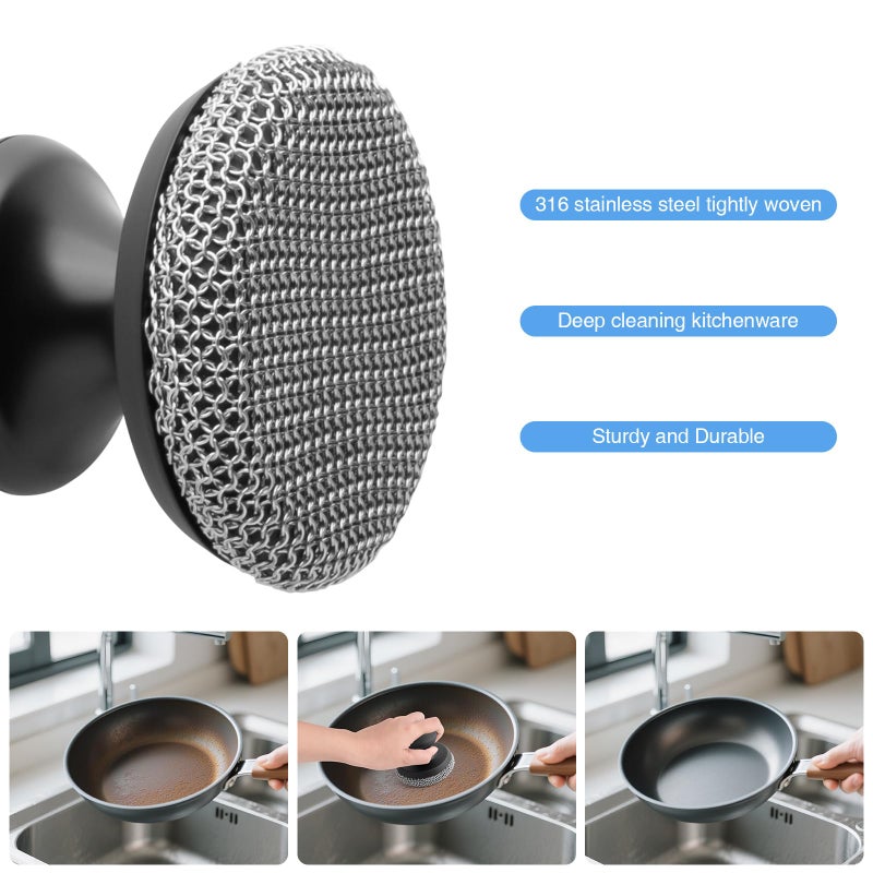 SEFONE Cast Iron Scrubber Cleaner, Chainmail Scrubber for Cast Iron Pan Skillet, Dish Scouring Pad, 316 Stainless Steel Brush/Scraper for Metal Skillet Scrubbing, Wok, Dutch Oven Cleaning Kit - Thin Mesh - Image 3