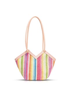 QTKJ Tote Bag for Women, Summer Straw Bag, Colorful Stripes Beach Bag, Handwoven Rattan Handbag, Suitable for Travel Vacation Work(Color)  - Image 1