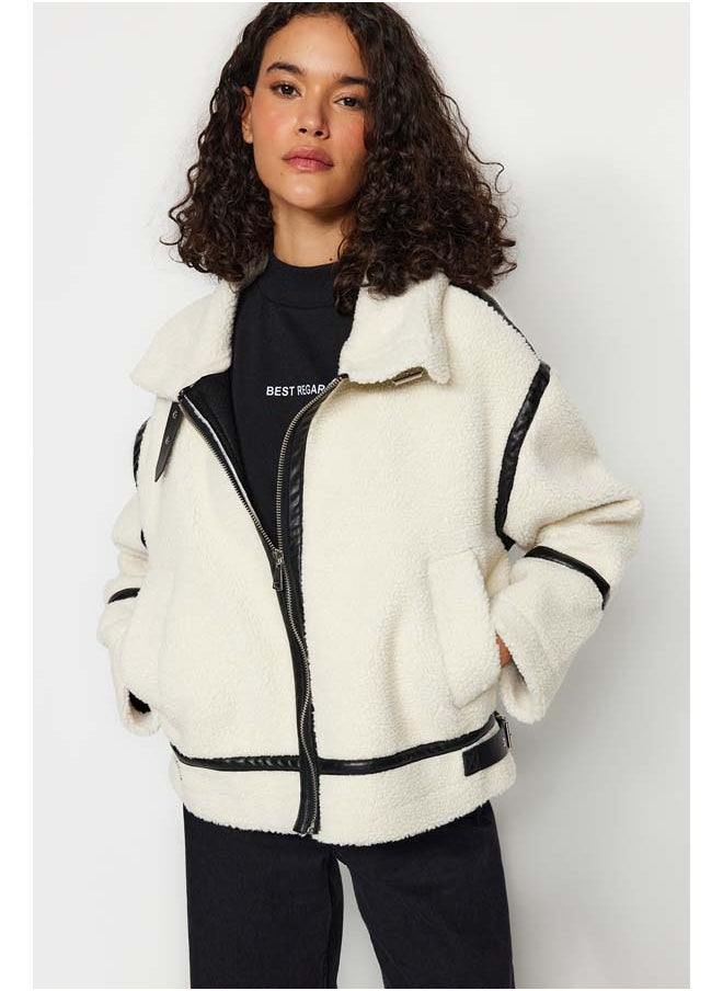 trendyol White Oversize Mold Faux Leather Detailed Plush Jacket Coat TWOAW24KB00215  - Image 1