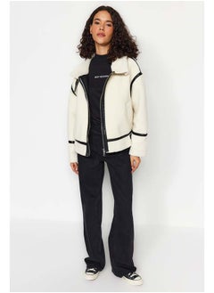 trendyol White Oversize Mold Faux Leather Detailed Plush Jacket Coat TWOAW24KB00215  - Image 2