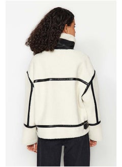 trendyol White Oversize Mold Faux Leather Detailed Plush Jacket Coat TWOAW24KB00215  - Image 3