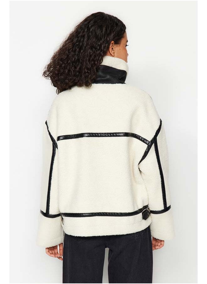 trendyol White Oversize Mold Faux Leather Detailed Plush Jacket Coat TWOAW24KB00215  - Image 3
