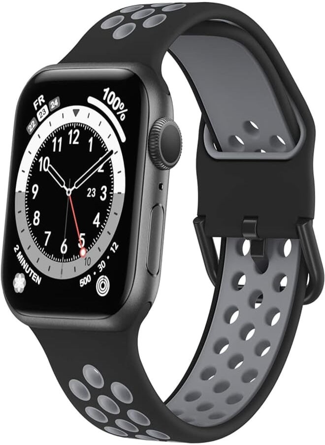 Generic - Marlova Compatible with Apple Watch Bands 44mm 42mm, Soft Silicone Breathable Air Hole Sport Wristbands with Classic Clasp for iWatch Series Se/6/5/4/3/2/1, Black/Grey 42mm 44mm (Watch Not Included) - Image 1
