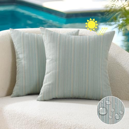 VAKADO Outdoor Chenille Pillow Covers 16x16 Set of 2Waterproof UV Fade Resistant Stripe Patio Pillow Cushion Covers for Furniture Decorative Porch Couch Throw Pillow Cases for Garden Light Blue - Image 3