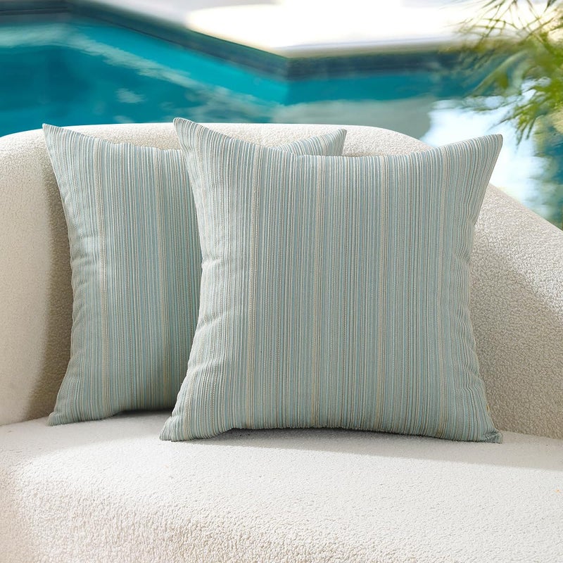 VAKADO Outdoor Chenille Pillow Covers 16x16 Set of 2Waterproof UV Fade Resistant Stripe Patio Pillow Cushion Covers for Furniture Decorative Porch Couch Throw Pillow Cases for Garden Light Blue - Image 2