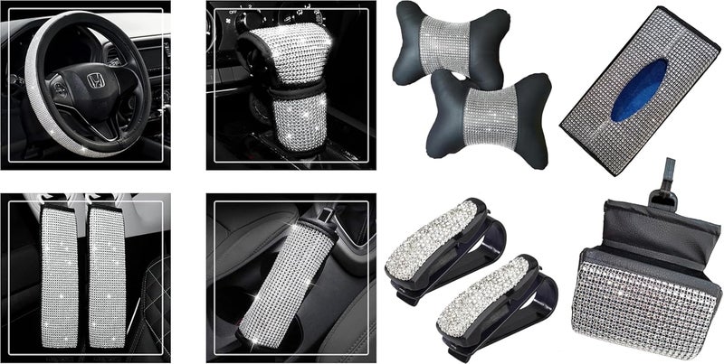 مجموعة إكسسوارات سيارات MT Bling للنساء - غطاء أنيق للعجلات، وأغطية لأحزمة الأمان، وأغطية لناقل الحركة وفرامل اليد، وحاملات نظارات، والمزيد