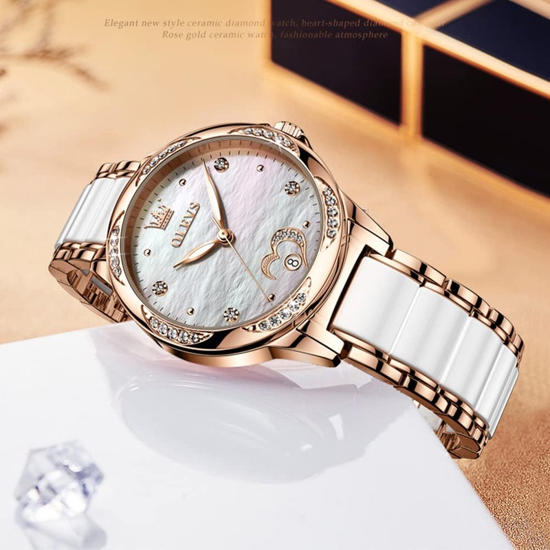 OLEVS Automatic Self Winding Watch for Women Rose Gold Stainless Steel Ceramic Women Wrist Watches Large Face White Heart Diamond Mother of Pearl Waterproof Date Ladies Watch for Women Two Tone - Image 5