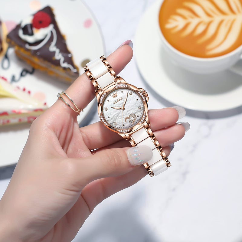 OLEVS Automatic Self Winding Watch for Women Rose Gold Stainless Steel Ceramic Women Wrist Watches Large Face White Heart Diamond Mother of Pearl Waterproof Date Ladies Watch for Women Two Tone - Image 4