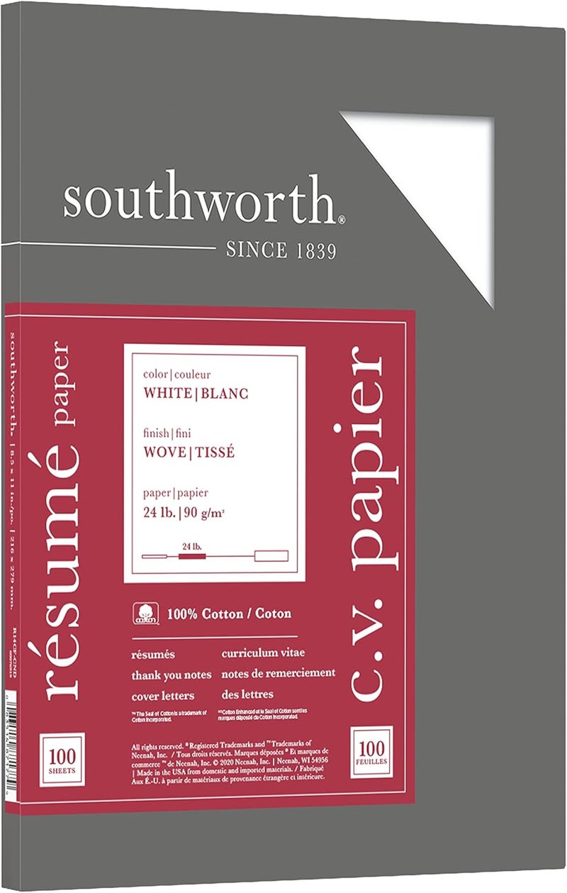 Southworth ورق السيرة الذاتية من ساوثورث R14CF 100% قطن أبيض 24 رطل 812 × 11 100 صندوق - Image 1