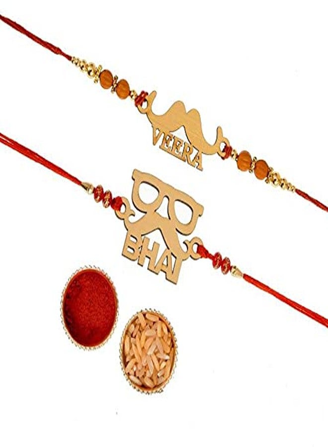 Pride Store | Designer Goggle Moustache Rakhi Set For Bhai Veera | Rakhi For Brother Bhaiya Veer Elder Younger Brother | Pack Of 2 Rakhi | 1 Roli Rice Pack | 1 Greeting Card - Image 1