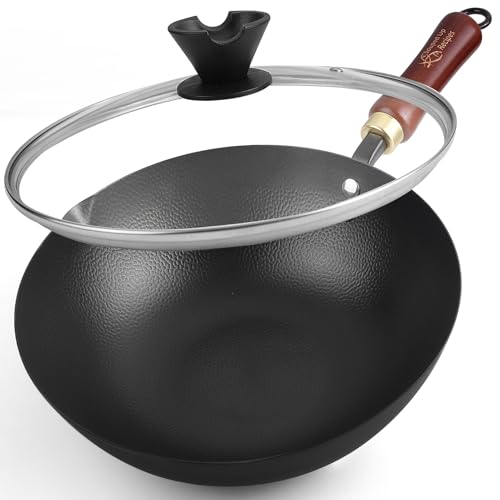 Souped Up Recipes 10 Inch Carbon Steel Wok For Electric Induction and Gas Stoves Lid and User Guide Video Included