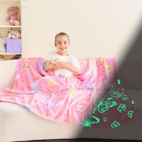 Wajade Glow in The Dark Butterfly Blanket for Girls Soft Cozy Flannel Kids Throw Blanket for Boys and Girls Cute Kids Blanket for Sofa Couch Bed Christmas Birthday Gift 50x60 - Image 1