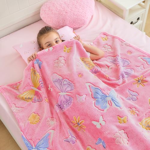 Wajade Glow in The Dark Butterfly Blanket for Girls Soft Cozy Flannel Kids Throw Blanket for Boys and Girls Cute Kids Blanket for Sofa Couch Bed Christmas Birthday Gift 50x60 - Image 3