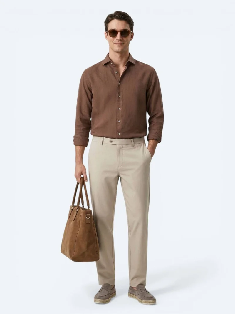 كيب قميص بني سادة بقصة عادية طويلة من مزيج القطن