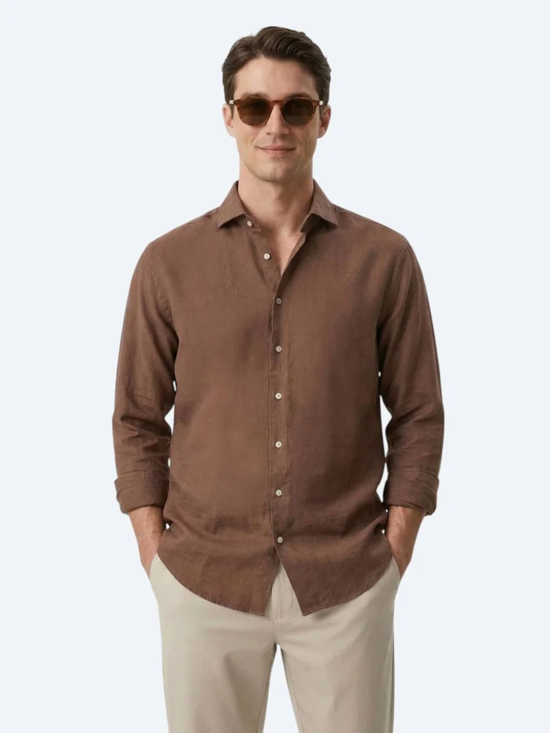 Kip Brown Plain Regular Fit Long Weaving Casual Cotton Blended Shirt