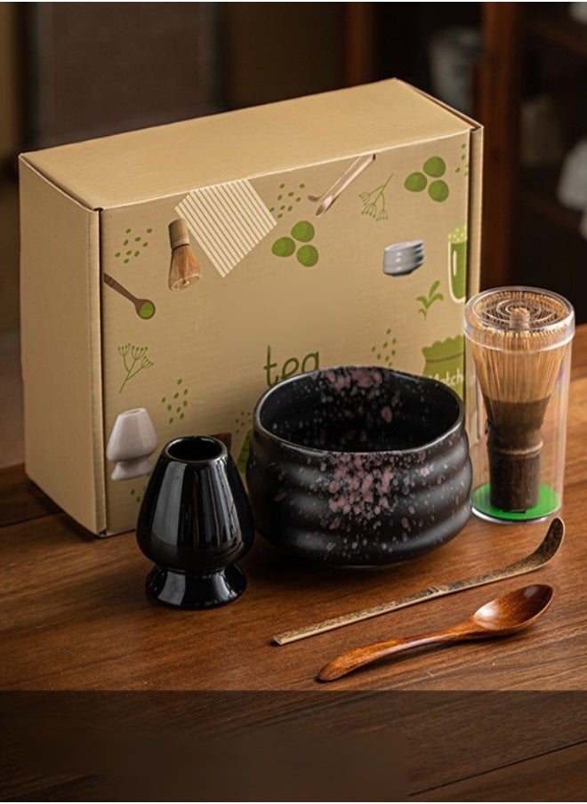 Healife Matcha Stirrer Set, Set of 4 Matcha Set with Ceramic Bowl, Fork Bamboo Stirrer, Stirrer Holder & Traditional Spoon, Traditional Matcha Stirrer Set (Black)  - Image 2