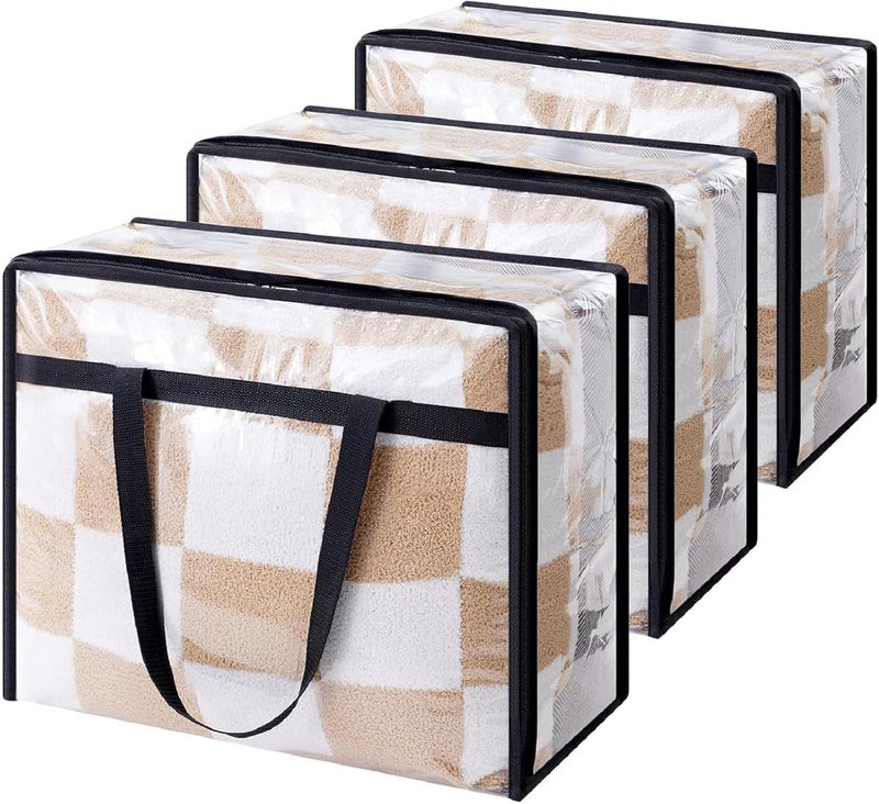 JANNYRO JANNYRO Clear Zippered Storage Bag Plastic Clothes Blanket Storage Bags Foldable Moving Bag Reusable Backpack Carrying Handles Cloth Organizers for Bedding Duvet Comforter Pack of 3  - Image 1