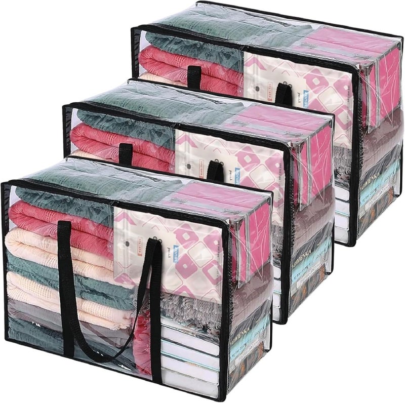 JANNYRO JANNYRO Clear Zippered Storage Bag Plastic Clothes Blanket Storage Bags Foldable Moving Bag Reusable Backpack Carrying Handles Cloth Organizers for Bedding Duvet Comforter Pack of 3  - Image 5