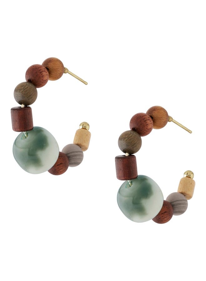 MINACHI Boho Chunky Wooden Bead and Stone Hoop Earrings, Handmade Earthy Tone Statement Jewelry, Vintage Earrings For Women - Image 1