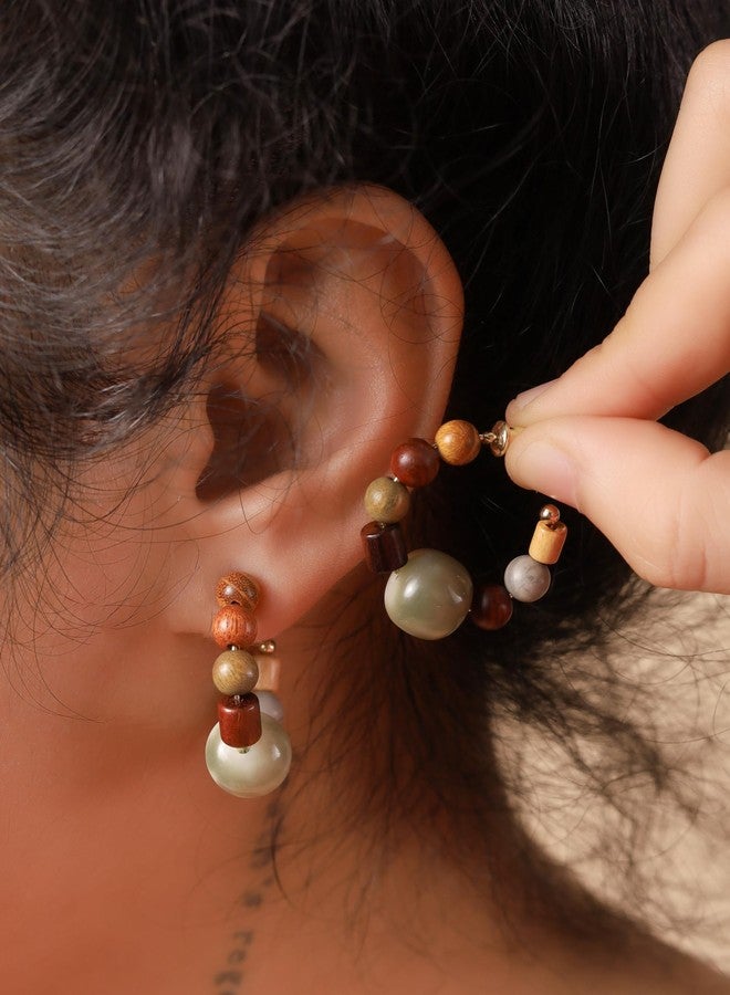 MINACHI Boho Chunky Wooden Bead and Stone Hoop Earrings, Handmade Earthy Tone Statement Jewelry, Vintage Earrings For Women - Image 2