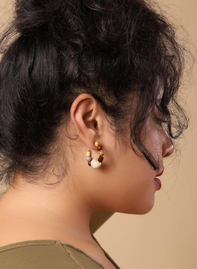 MINACHI Boho Chunky Wooden Bead and Stone Hoop Earrings, Handmade Earthy Tone Statement Jewelry, Vintage Earrings For Women - Image 5