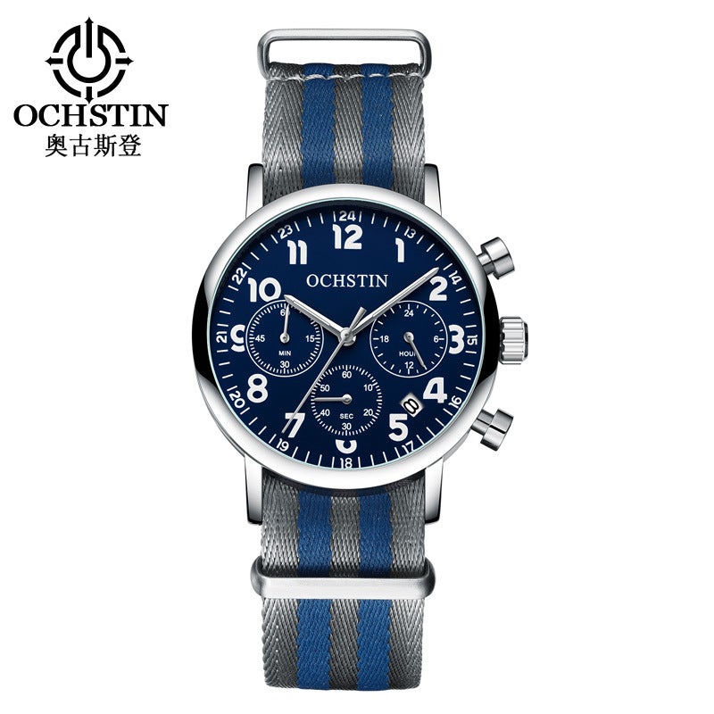 Augustine Swiss Multifunction Mens Quartz Watch 6081A Silver Gemstone Blue Grey Nylon 