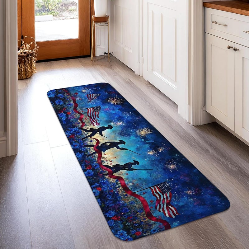 Soldiers Runner Rug, Patriotic Festive Flags Fireworks Independence Day Blue Low Pile Sponge Home Indoor Pattern Carpets Non Shedding for Kitchen Entryway Bedside Doorway Hallway Decor 2x5 Ft - Image 1