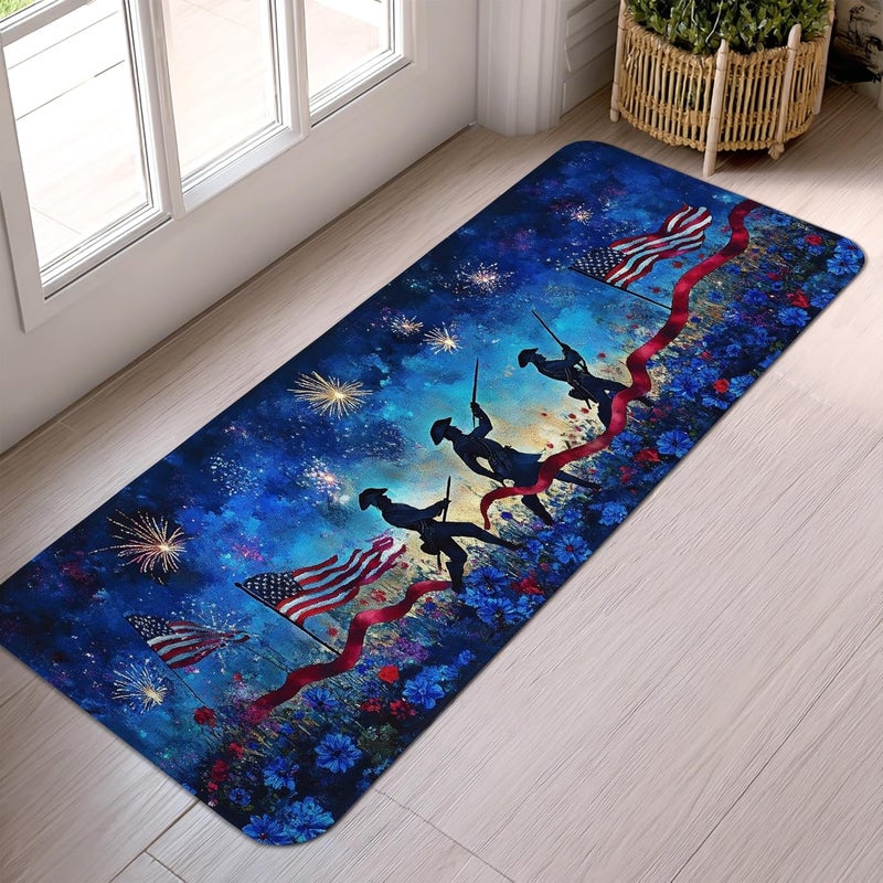 Soldiers Runner Rug, Patriotic Festive Flags Fireworks Independence Day Blue Low Pile Sponge Home Indoor Pattern Carpets Non Shedding for Kitchen Entryway Bedside Doorway Hallway Decor 2x5 Ft - Image 4