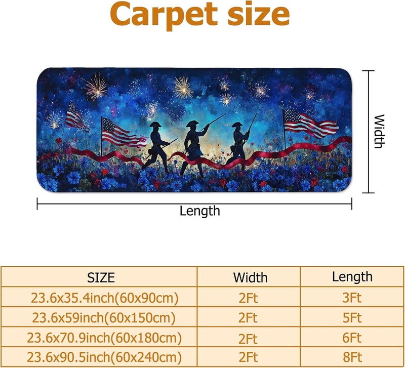 Soldiers Runner Rug, Patriotic Festive Flags Fireworks Independence Day Blue Low Pile Sponge Home Indoor Pattern Carpets Non Shedding for Kitchen Entryway Bedside Doorway Hallway Decor 2x5 Ft - Image 2