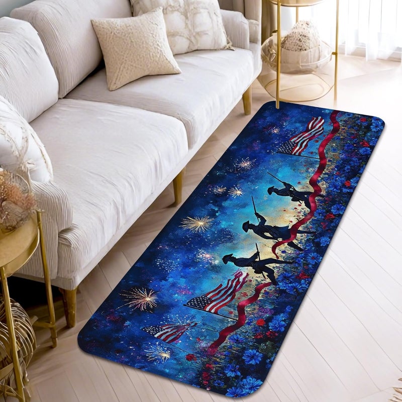 Soldiers Runner Rug, Patriotic Festive Flags Fireworks Independence Day Blue Low Pile Sponge Home Indoor Pattern Carpets Non Shedding for Kitchen Entryway Bedside Doorway Hallway Decor 2x5 Ft - Image 3