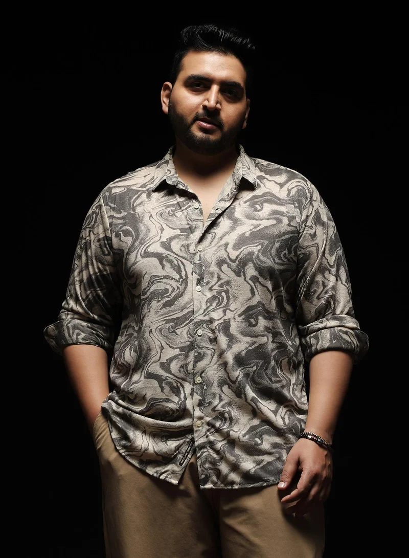 Instafab Plus Men's Black Fluid-Marble Textured Shirt | Spread Collar , Long Cuffed Sleeves , Button Closure , Curved Hemline | Abstract-Print Textured Polyester Blend For Street & Casual Wear