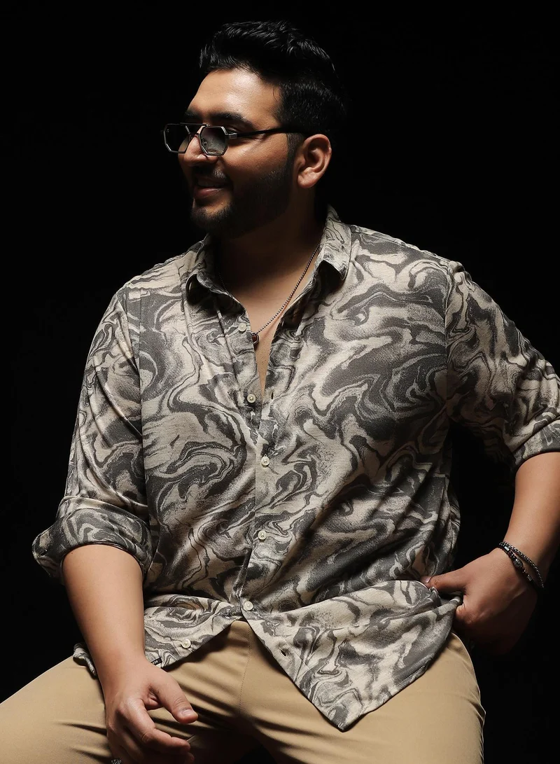 Instafab Plus Men's Black Fluid-Marble Textured Shirt | Spread Collar , Long Cuffed Sleeves , Button Closure , Curved Hemline | Abstract-Print Textured Polyester Blend For Street & Casual Wear