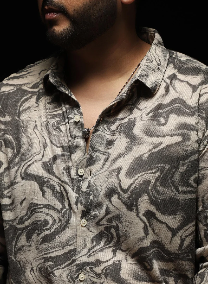 Instafab Plus  Men's Black Fluid-Marble Textured Shirt | Spread Collar , Long Cuffed Sleeves , Button Closure , Curved Hemline | Abstract-Print Textured Polyester Blend For Street & Casual Wear for Men | Best Price UAE